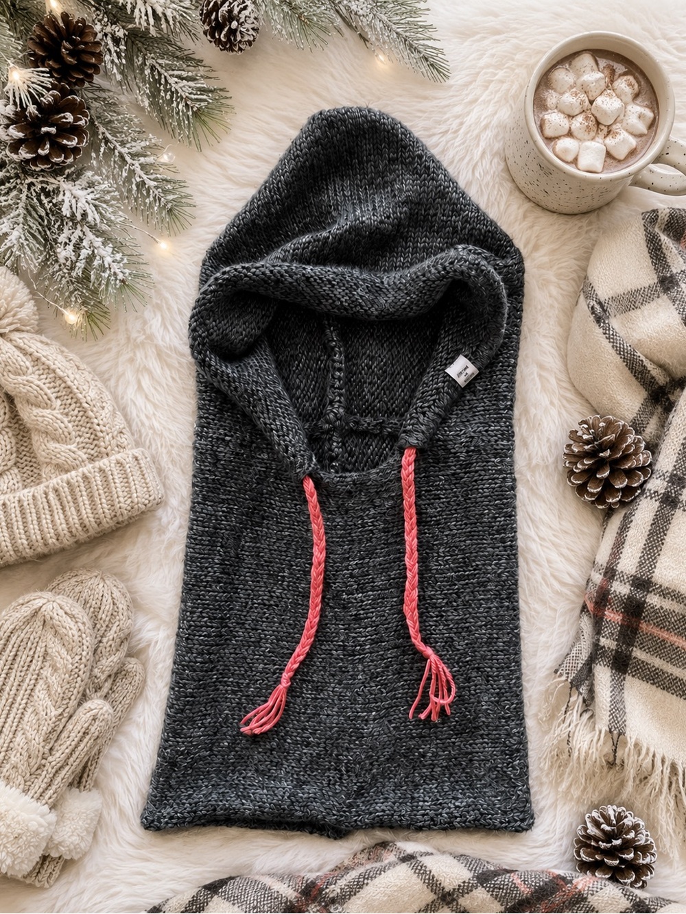 Akinz Knit Hooded Neck Warmer Gray Pink Drawstring Handmade in Colorado